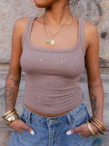 thauolivs Women's Sleeveless Top With Rhinestone Decoration, Slim Fit, Autumn/Winter Summer - Brown - View 3