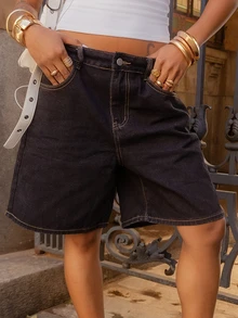 thauolivs 女款蝴蝶結刺繡膝長牛仔短褲 Jorts 校園風 - 深灰色 - 查看 4