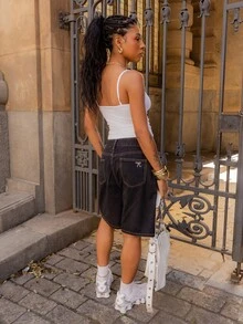 thauolivs 女款蝴蝶結刺繡膝長牛仔短褲 Jorts 校園風 - 深灰色 - 查看 2