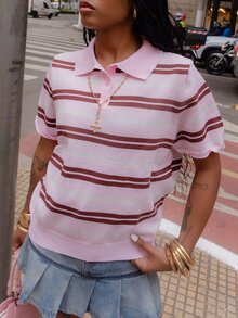 thauolivs 女款休閒粉色條紋 Polo 領短袖針織上衣，適合春假、外出早午餐、學校、辦公室，可愛學院風返校夏季穿搭 - 彩色 - 查看 4