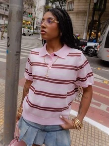 thauolivs 女款休閒粉色條紋 Polo 領短袖針織上衣，適合春假、外出早午餐、學校、辦公室，可愛學院風返校夏季穿搭 - 彩色 - 查看 3