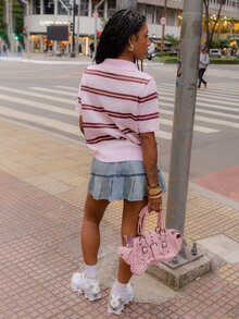 thauolivs 女款休閒粉色條紋 Polo 領短袖針織上衣，適合春假、外出早午餐、學校、辦公室，可愛學院風返校夏季穿搭 - 彩色 - 查看 2