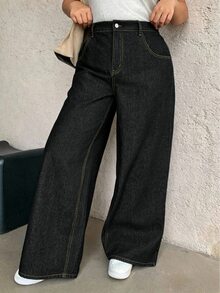 Dazy Plus Dark Wash Loose Straight Leg Long Denim Jeans, All Season - Black - View 3
