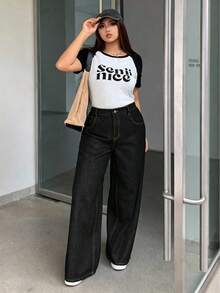 Dazy Plus Dark Wash Loose Straight Leg Long Denim Jeans, All Season - Black - View 5