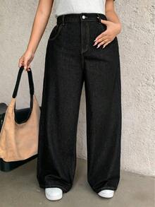 Dazy Plus Dark Wash Loose Straight Leg Long Denim Jeans, All Season - Black - View 7