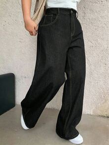 Dazy Plus Dark Wash Loose Straight Leg Long Denim Jeans, All Season - Black - View 2