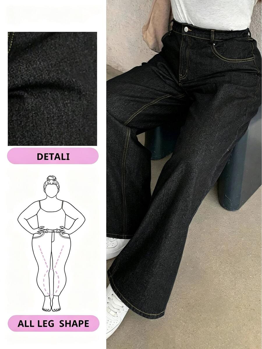 Dazy Plus Dark Wash Loose Straight Leg Long Denim Jeans, All Season - Black - View 1
