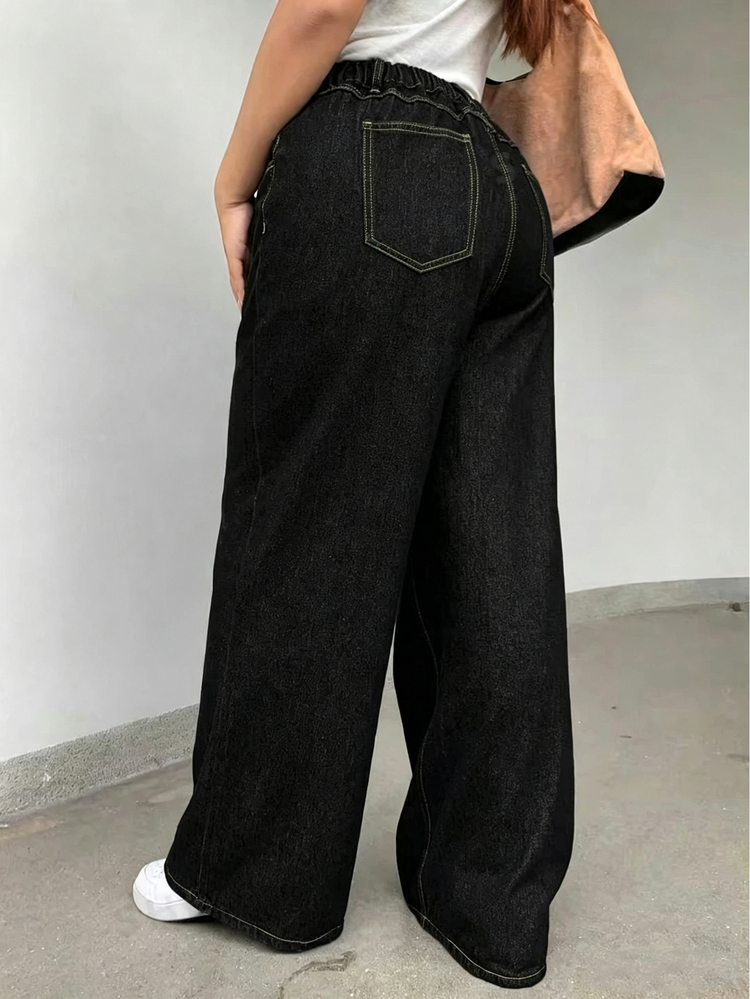 Dazy Plus Dark Wash Loose Straight Leg Long Denim Jeans, All Season - Black - View 4