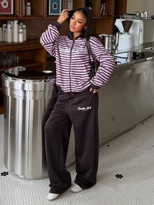 Muchica 女款秋季新款粉色與棕色系針織休閒街頭運動寬鬆衛衣套裝，運動校園連帽拉鍊外套旅行穿搭 - 咖啡棕 - 查看 4