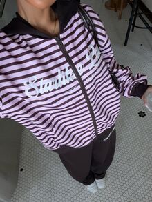Muchica 女款秋季新款粉色與棕色系針織休閒街頭運動寬鬆衛衣套裝，運動校園連帽拉鍊外套旅行穿搭 - 咖啡棕 - 查看 3