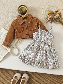 SHEIN Vintaside Kids 2件組女嬰棕色短款牛仔長袖夾克 + 小碎花細肩帶洋裝，休閒復古時尚優雅套裝，適合春秋日常穿著、上學、旅行、度假及各種場合 - 棕色 - 查看 4