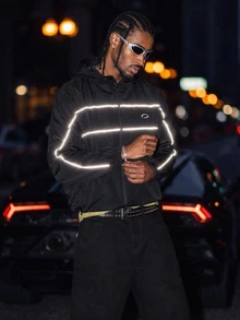 GETOML 男士反光對比滾邊拉鍊連帽外套，街頭風，空氣層夾克，機能外套，秋冬款 - 黑色 - 查看 10