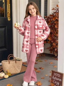 SHEIN Tween Girl Heart Fuzzy Jacket & Knit Flared Pants 3Pcs Winter Set - Pink - View 9
