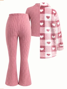 SHEIN Tween Girl Heart Fuzzy Jacket & Knit Flared Pants 3Pcs Winter Set - Pink - View 2