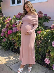 Lyckli Vestido de moda versátil y de estilo suave con hombros descubiertos para maternidad, otoño - Rosa - Ver 1