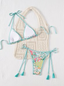 Swim Vcay Women's Summer Vacation Beach Vacation Paisley Print Halter Neck Bikini Set All White Tropical Boho - 薄荷綠 - 查看 3