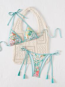 Swim Vcay Women's Summer Vacation Beach Vacation Paisley Print Halter Neck Bikini Set All White Tropical Boho - 薄荷綠 - 查看 5