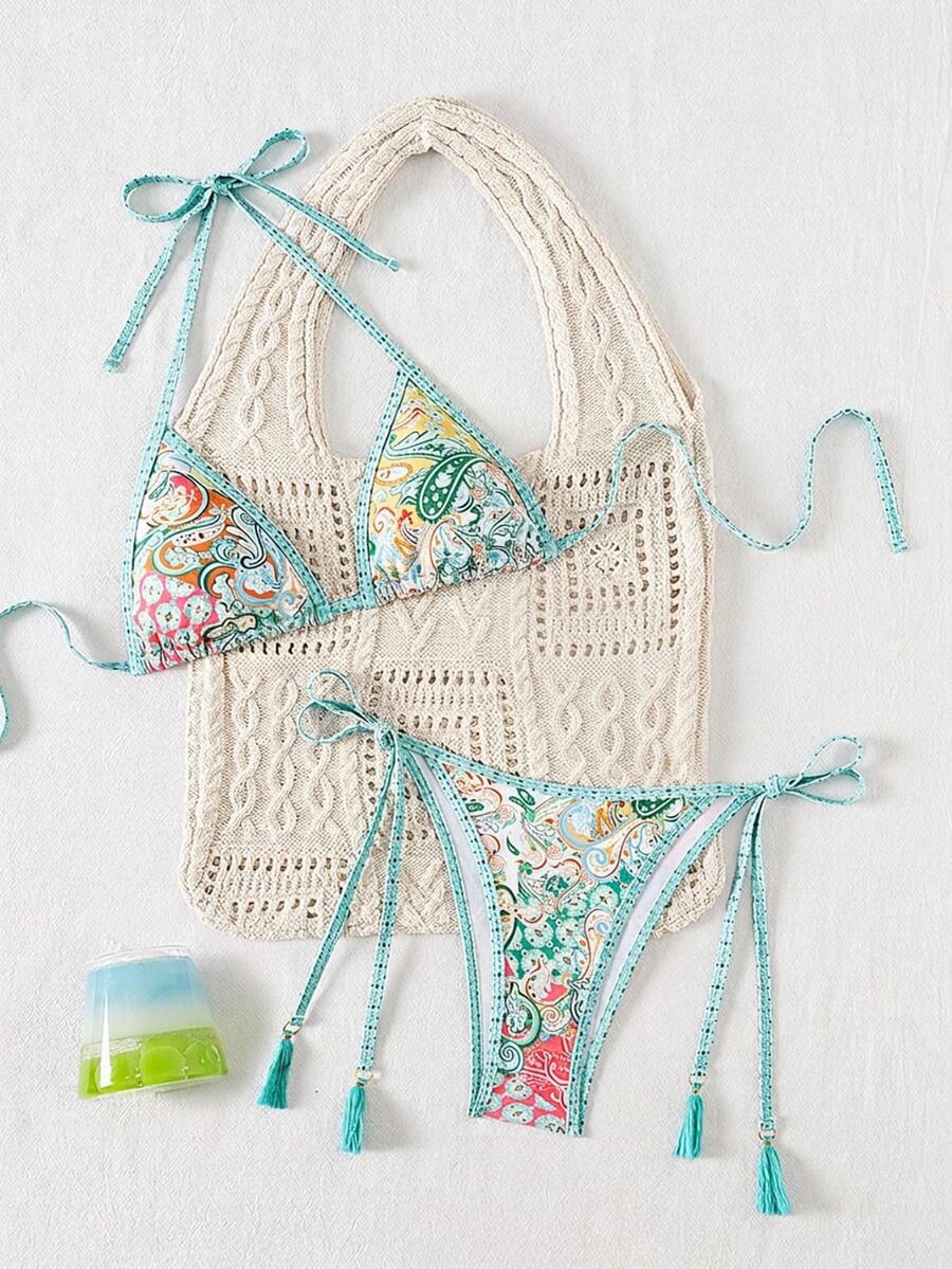 Swim Vcay Women's Summer Vacation Beach Vacation Paisley Print Halter Neck Bikini Set All White Tropical Boho