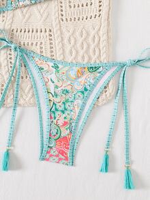 Swim Vcay Women's Summer Vacation Beach Vacation Paisley Print Halter Neck Bikini Set All White Tropical Boho - 薄荷綠 - 查看 6