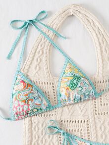Swim Vcay Women's Summer Vacation Beach Vacation Paisley Print Halter Neck Bikini Set All White Tropical Boho - 薄荷綠 - 查看 4