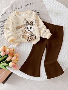 SHEIN Playful Pals 2件組幼女運動衫喇叭褲套裝，可愛米色棕色豹紋蝴蝶結兔兔熊熊圖案，長袖圓領，生日派對秋季公主風舒適款 - 彩色 - 查看 3