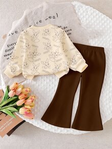 SHEIN Playful Pals 2件組幼女運動衫喇叭褲套裝，可愛米色棕色豹紋蝴蝶結兔兔熊熊圖案，長袖圓領，生日派對秋季公主風舒適款 - 彩色 - 查看 2