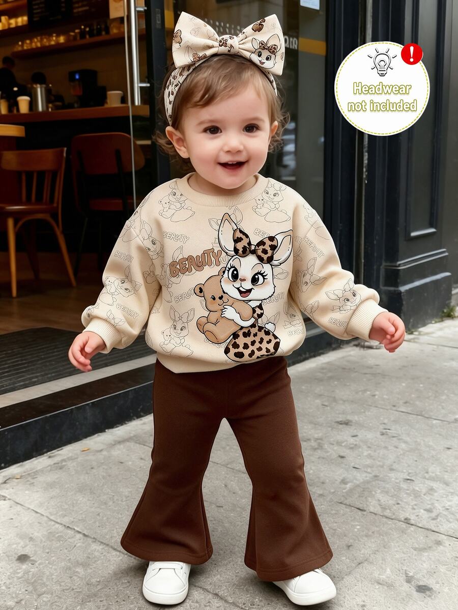 SHEIN Playful Pals 2件組幼女運動衫喇叭褲套裝,可愛米色棕色豹紋蝴蝶結兔兔熊熊圖案,長袖圓領,生日派對秋季公主風舒適款 - 彩色 - 查看 1
