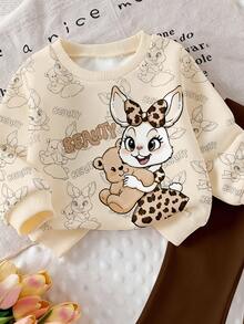 SHEIN Playful Pals 2件組幼女運動衫喇叭褲套裝，可愛米色棕色豹紋蝴蝶結兔兔熊熊圖案，長袖圓領，生日派對秋季公主風舒適款 - 彩色 - 查看 4