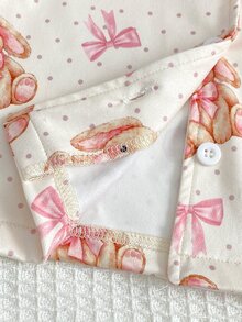 SHEIN 秋冬女嬰2件套，可愛俏皮蝴蝶結與兔子印花，柔軟舒適阻燃牛奶絲，休閒簡約翻領開襟衫與長褲居家服 - 杏色 - 查看 6