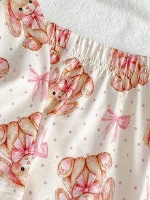 SHEIN 秋冬女嬰2件套，可愛俏皮蝴蝶結與兔子印花，柔軟舒適阻燃牛奶絲，休閒簡約翻領開襟衫與長褲居家服 - 杏色 - 查看 8