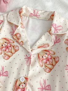 SHEIN 秋冬女嬰2件套，可愛俏皮蝴蝶結與兔子印花，柔軟舒適阻燃牛奶絲，休閒簡約翻領開襟衫與長褲居家服 - 杏色 - 查看 4