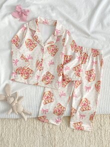SHEIN 秋冬女嬰2件套，可愛俏皮蝴蝶結與兔子印花，柔軟舒適阻燃牛奶絲，休閒簡約翻領開襟衫與長褲居家服 - 杏色 - 查看 2