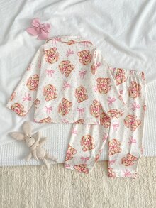 SHEIN 秋冬女嬰2件套，可愛俏皮蝴蝶結與兔子印花，柔軟舒適阻燃牛奶絲，休閒簡約翻領開襟衫與長褲居家服 - 杏色 - 查看 3