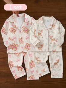 SHEIN 秋冬女嬰2件套，可愛俏皮蝴蝶結與兔子印花，柔軟舒適阻燃牛奶絲，休閒簡約翻領開襟衫與長褲居家服 - 杏色 - 查看 1