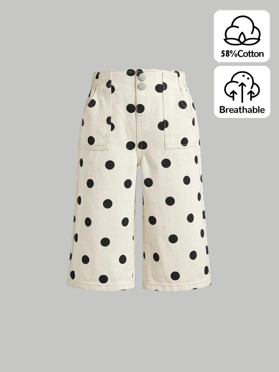 SHEIN Baby Girl Fashion Polka Dot Button Pocket Denim Jeans - Multicolor - View 1