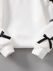 Genkimix Kids 2pcs Girls Korean Style Casual Gray Sweatshirt With Ribbon Bow & Skinny Pants Set Autumn Fall, Fall Outfits, Fleece, Long Sleeve - Black and White - View 6