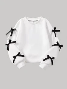 Genkimix Kids 2pcs Girls Korean Style Casual Gray Sweatshirt With Ribbon Bow & Skinny Pants Set Autumn Fall, Fall Outfits, Fleece, Long Sleeve - Black and White - View 5