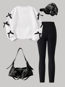 Genkimix Kids 2pcs Girls Korean Style Casual Gray Sweatshirt With Ribbon Bow & Skinny Pants Set Autumn Fall, Fall Outfits, Fleece, Long Sleeve - Black and White - View 3