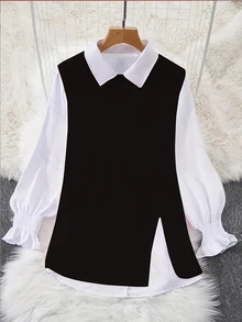INAWLY 2pcs/Set Autumn White Lantern Sleeve Blouse Loose Fit Open Front Knit Vest Women Layered Outfit Teachers' Day Office Teacher Black Preppy Casual - Black - View 3