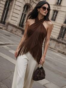 Anewsta Atasan Tank Top Bodycon Wanita Elegan Musim Gugur/Dingin Bahan Suede Imitasi Leher Halter dengan Hiasan Rumbai - Coklat - View 4