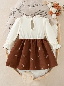 SHEIN 女嬰燈芯絨洋裝，甜美優雅，白色與棕色蝴蝶結荷葉邊花卉羅紋長袖小高領，正裝生日派對秋冬款，優雅時尚 - 彩色 - 查看 2