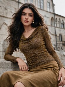 Anewsta WWomen's Fall/Winter Dark Brown Print High Elastic Mesh Cowl Neck Cinched Waist Slim Fit Long Sleeve Blouse For Club Party - Brown - View 3