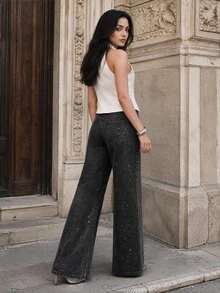 Anewsta Celana Jeans Denim Kasual Wanita untuk Perjalanan Sehari-hari dengan Saku dan Hiasan Rhinestone - Hitam - View 6