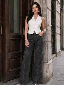 Anewsta Celana Jeans Denim Kasual Wanita untuk Perjalanan Sehari-hari dengan Saku dan Hiasan Rhinestone - Hitam - View 2