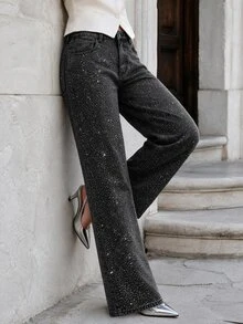 Anewsta Celana Jeans Denim Kasual Wanita untuk Perjalanan Sehari-hari dengan Saku dan Hiasan Rhinestone - Hitam - View 5