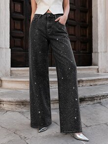Anewsta Celana Jeans Denim Kasual Wanita untuk Perjalanan Sehari-hari dengan Saku dan Hiasan Rhinestone - Hitam - View 3