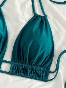 Swim Chiccia Women's Summer Beach Solid Color Ruched Halter Neck Tie Sexy Bikini Two-Piece Swimwear Set - Green - View 4