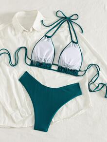 Swim Chiccia Women's Summer Beach Solid Color Ruched Halter Neck Tie Sexy Bikini Two-Piece Swimwear Set - Green - View 2