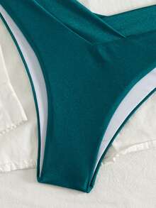 Swim Chiccia Women's Summer Beach Solid Color Ruched Halter Neck Tie Sexy Bikini Two-Piece Swimwear Set - Green - View 5