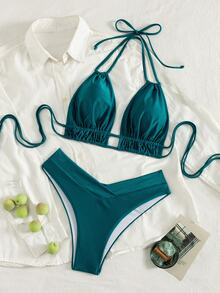 Swim Chiccia Women's Summer Beach Solid Color Ruched Halter Neck Tie Sexy Bikini Two-Piece Swimwear Set - Green - View 6